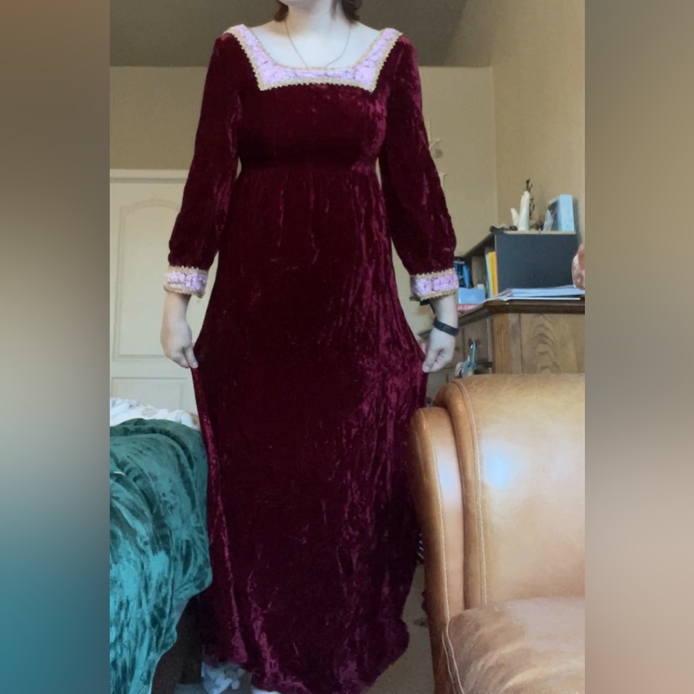 1980s Lorrie Deb San Francisco Burgundy Crushed Velvet Maxi Dress